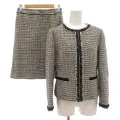 ジェイプレス J.PRESS セットアップ スーツ ノーカラージャケット フレアスカート 11 白 ホワイト 黒 ブラック フリンジ /GV