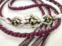 平和屋着物●和装小物　振袖用帯締め　飾り付き　飾り玉　パール　暗紅色　銀糸　撚り房　逸品　未使用　CABC0983ju