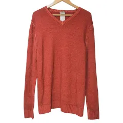 H953 ニット セーター 長袖 ウール 厚手 Vネック オレンジ系 50 日本サイズL相当 X