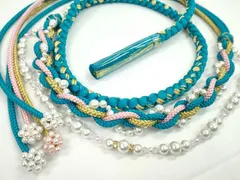 平和屋着物●和装小物　振袖用帯締め　飾り付き　パール　ラインストーン　小田巻き　シアン　金糸　切り房　逸品　未使用　CABC1073ju