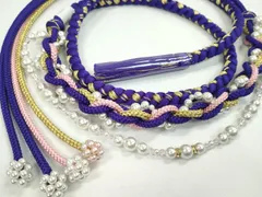 平和屋着物●和装小物　振袖用帯締め　飾り付き　パール　ラインストーン　小田巻き　本紫　金糸　切り房　逸品　未使用　CABC1074ju