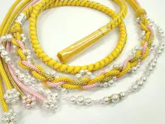 平和屋着物●和装小物　振袖用帯締め　飾り付き　パール　ラインストーン　小田巻き　黄色　金糸　切り房　逸品　未使用　CABC1075ju