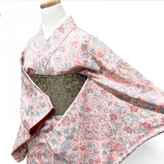 浴衣 洗える着物 身丈163 花模様 北欧柄 ミントカラー 着物 062b 