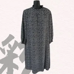 エーシーデザインバイアルファキュービック　ロングワンピース　バルーンスリーブ　ワンピース　ハイネック　ブラック　花柄　ウエストゴム　黒白　9AR　9号