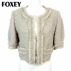 【美品】FOXEY 五分袖ウールジャケット 42 総柄 ベージュ×ピンク