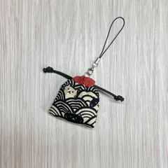 お守り袋 ストラップ付き ミニミニ巾着 猫柄 青海波柄 ☆ ハンドメイド