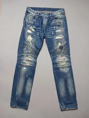 32 BALMAIN ダメージパッチ ウォッシュ バイカーデニム