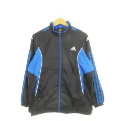 アディダス adidas ウィンドブレーカー ジャケット 160 L 黒 ブラック 青 ブルー 長袖 スタンドカラー /AH25 ■GY61