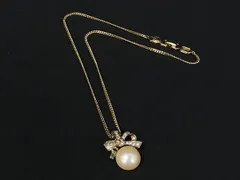 ■美品■ NINA RICCI ニナリッチ ラインストーン パール リボン ネックレス ペンダント アクセサリー レディース ゴールド系 DL4533