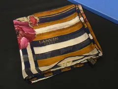 ■美品■ LANVIN ランバン シルク100% フラワー 花柄 スカーフ ストール ショール レディース ブラウン系×ネイビー系 DL0420