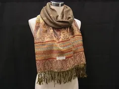 ■美品■ PASHMINA パシュミナ カシミヤ100％ フリンジ ストール ショール 防寒具 レディース オレンジ系×マルチカラー DK1200