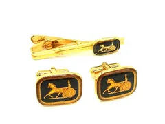 ■美品■ CELINE セリーヌ ヴィンテージ 馬車 カフスボタン ネクタイピン アクセサリー 2点セット ゴールド系×ブラック系 DK6883