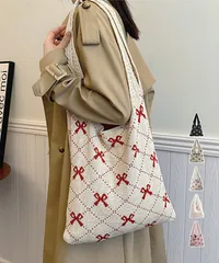 ニットトートバッグ リボン柄ニット編み鞄