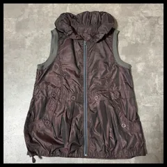 フード付き ナイロンベスト ストライプ柄 ブラウン 日本製 軽量 羽織 レディース 古着