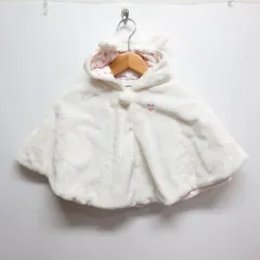 ミキハウス mikihouse 美品 うさぎ耳付き ファー ポンチョ ケープ マント FREE 70-90 白 ホワイト 裏地花柄 日本製 ベビー服 子供服