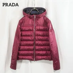 美品 PRADA プラダ 軽量ダウンジャケット フード付き 三角ロゴ ナイロン ボルドー レディース 40 L相当 正規品 アウター 防寒 冬