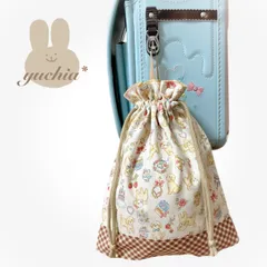 (2108)ループ付き巾着袋* 犬柄 いぬ トイプードル柄 ブラウンチェック