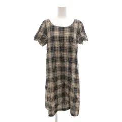 マドモアゼルノンノン mademoiselle NON NON 美品 ワンピース ひざ丈 麻 リネン M～L ブラウン系 チェック柄 ラウンドネック 半袖 /NL ■GY06