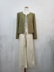 春新商品) チェック柄 ノーカラー ジャケット F