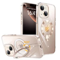 新品 iPhone 15 用 ケース 透明 CDリング 【多機能 360°回転スタンド】【横縦両立・角度自由調整】搭載MagSafe対応 ワイヤレス充電対応 米軍MIL規格 耐衝撃 防指紋 黄変防止 レンズ保護 両眼 いphone15 用 ケース 6.1インチ