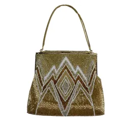 【美品】 和装バッグ 優品 ビーズバッグ フォーマル 菱 幾何学 金色 ビーズ 和装小物  【中古】