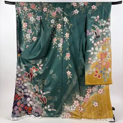 振袖 身丈176cm 裄丈68cm L 未仕立て 仮絵羽 蝶 萩 金銀彩 ぼかし 灰緑 正絹 秀品 【中古】