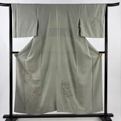 付下げ 身丈153cm 裄丈64cm M 袷 几帳 草花 刺繍 灰緑 正絹 秀品 【中古】