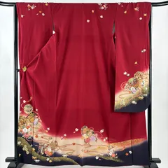 【美品】 振袖 身丈163cm 裄丈65.5cm M 袷 手鞠 鼓 金彩 刺繍 赤 正絹 秀品 【中古】