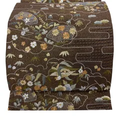 【美品】 袋帯 逸品 扇面 花鳥 刺繍 金糸 茶色 六通 正絹 【中古】