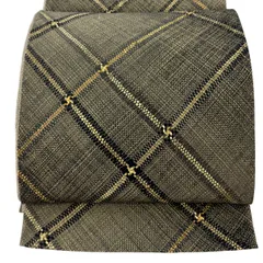 【美品】 袋帯 名品 斜め格子 金糸 黒灰 全通 正絹 【中古】