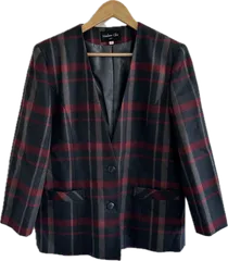 Z1733【美品】Madam chicマダムシック　ノーカラージャケット　アウター　グレーレッドチェック　レディース　15ABRサイズ