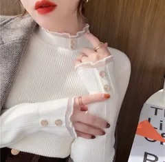 ☆首元袖フリル☆レース☆ハーフタートルネック☆リブセーター☆　 細見え ハイネック オフホワイト フリル 長袖 韓国