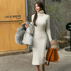 ニットワンピースロングタイトワンピースロングワンピースロングニットセーターレディースケーブル編みリブ編みタートルネックスリットチュニック