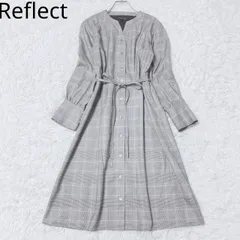 リフレクト　シャツワンピース　チェック柄　ウエストリボン　Aライン　フレア　ロング丈　総柄　エレガント　カジュアル　上品　配色　サイズ9  Mサイズ相当