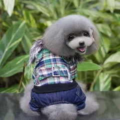 【デッドストック品】ファー付きカバーオールつなぎ★チェックとデニム♪イエローSグリーンSM飾りベルト前開きボタンペットウェア犬服小型犬用サロペットロンパースカバーオール厚手ジーンズアウトレット価格