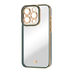 iPhone14Pro ケース クリア x グリーン x メタリック ゴールド TPU ソフト カメラ保護 カメラカバー エアクッション ストラップホール メタリックフレーム 高級感 精密設計 Cleour