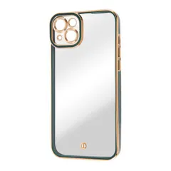 iPhone14Plus ケース クリア x グリーン x メタリック ゴールド TPU ソフト カメラ保護 カメラカバー エアクッション ストラップホール メタリックフレーム 高級感 精密設計 Cleour