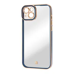 iPhone14Plus ケース クリア x ネイビー x メタリック ゴールド TPU ソフト カメラ保護 カメラカバー エアクッション ストラップホール メタリックフレーム 高級感 精密設計 Cleour