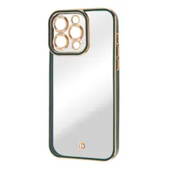 iPhone14ProMax ケース クリア x グリーン x メタリック ゴールド TPU ソフト カメラ保護 カメラカバー エアクッション ストラップホール メタリックフレーム 高級感 精密設計 Cleour