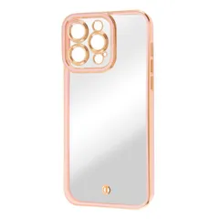 iPhone14ProMax ケース クリア x ピンク x メタリック ゴールド TPU ソフト カメラ保護 カメラカバー エアクッション ストラップホール メタリックフレーム 高級感 精密設計 Cleour