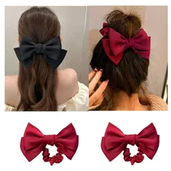 Langzu リボン シュシュ ヘアゴム 髪飾り リボンゴム 髪ゴム ヘアアクセサリー 2本セット 髪留め 髪を結ぶ 入学式 卒業式 韓国風 (レッド)