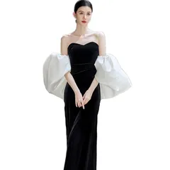 [Fiveen] ウェディングドレス 結婚式 二次会 ロングドレス エンパイア 前撮り ドレス シンプル オフショルダーフ レア袖 海外挙式 パーティー レディース ドレス 黒 ドレス (L) 0