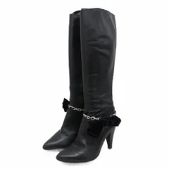 銀座かねまつ GINZA Kanematsu ロングブーツ ヒール レザー リボンチェーン 黒 ブラック 22.5㎝ ■YHS2