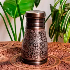 アーユルヴェーダ 高級銅製コップ付き水差し　ダマスク柄が美しい　ウォーターカラフェ　ピッチャー　冠水瓶〔約1000ml〕