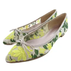 銀座かねまつ GINZA Kanematsu フラットパンプス リボン 花柄 刺繍 23cm 黄 イエロー 緑 グリーン /JS