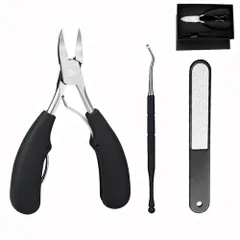 爪削り ニッパータイプ 巻き爪/変形爪/厚い爪/甘皮/硬い爪 爪やすり付 最適 滑り止め 収納ケース付き 手足両用 ステンレス製 3点セット 爪切り (ブラック)