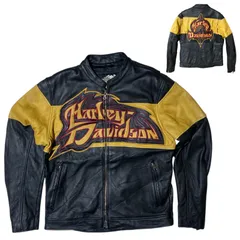 ヴィンテージ レザージャケット ハーレーダビッドソン 希少 ライダースジャケット バイカー ブラック マスタード 本革 刺繍 ロゴ 立体完全 M アウター レディース ユニセックス メンズ 古着 長袖