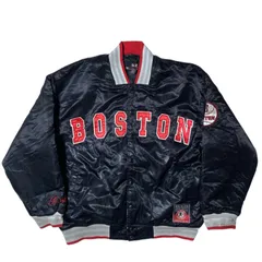 MLB スタジアムジャケット スタジャン Boston ボストン•レッドソックス チームロゴ 刺繍 野球 ベースボール ボンバージャケット ヴィンテージ ワッペン XL ブラック レッド 黒 赤 アウター レディース ユニセックス メンズ 古着 長袖