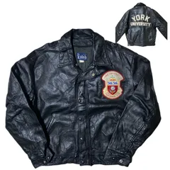 ヴィンテージ レザージャケット ライダースジャケット カナダ ヨーク大学 ヴィンテージアイテム ワッペン 刺繍 ブラック 黒 アウター レディース ユニセックス メンズ 古着 長袖