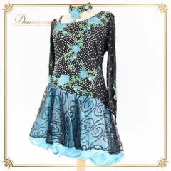 社交ダンス 衣装 ラテン ドレス ワンピース デモ 競技 ダンス パーティ 発表会 青 水色 緑 大きめ ブラック系 ブルー系 豪華 デザイン かわいい おしゃれ ステージ 衣装用 レディース